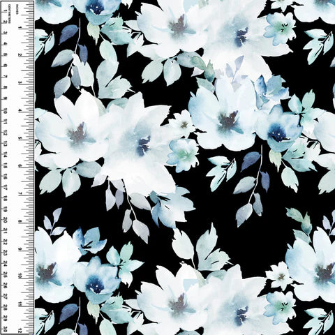 Remnant Dusty Blue Floral on Black 17" Rayon Viscose