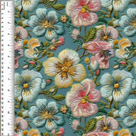 Embroidered Floral on Turquoise Cotton Spandex