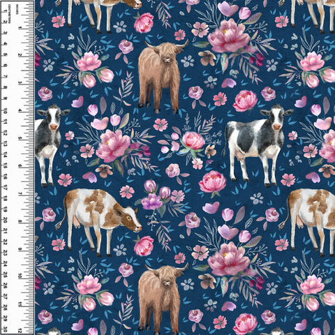 Floral Cows Navy Squish 54" Wide