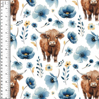 Highland Cow Blue Waterglass Floral Squish 54" Wide
