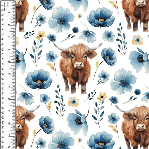 Highland Cow Blue Waterglass Floral Squish 54" Wide