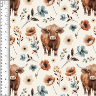 Highland Cow Watercolour Floral Cream Squish 54" Wide