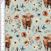 Highland Cows Watercolour Floral Sage Cotton French Terry