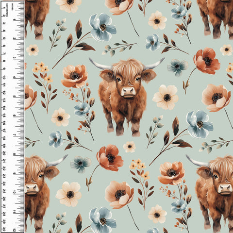 Highland Cow Watercolour Floral Sage Cotton Spandex