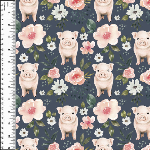 Remnant Floral Piggies Blue 19” Bamboo Cotton Spandex Jersey