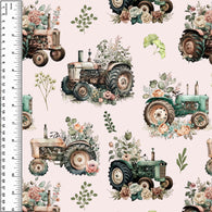 Vintage Floral Tractors Cotton French Terry