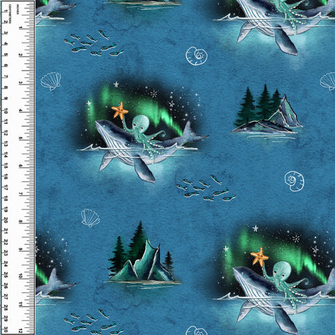 Whale Aurora on Mid Blue Squish 54" Wide