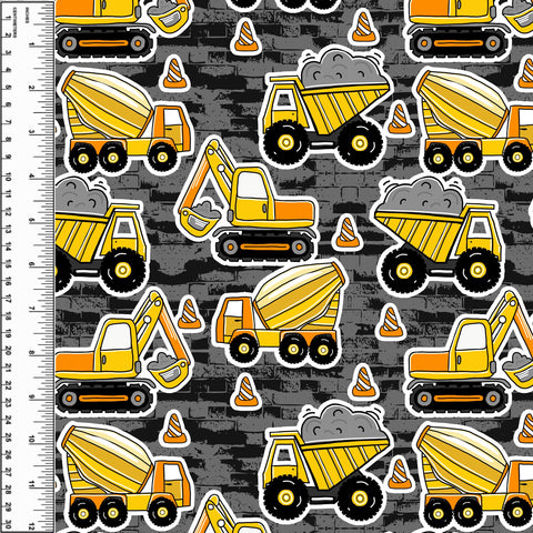 Construction Vehicles Brick Wall Cotton French Terry