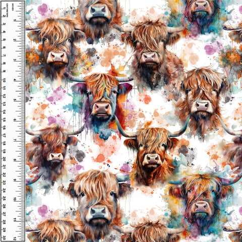 Highland Cow Heads Watercolour Cotton French Terry