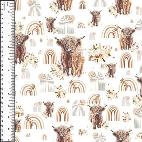 Highland Cows Rainbow Floral Cotton French Terry